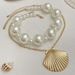 Exaggerated Metal Large Fan Shell Pendant Necklace, Fashionable Instagram Style Pearl Bead Collarbone Necklace_ipsvogv.com