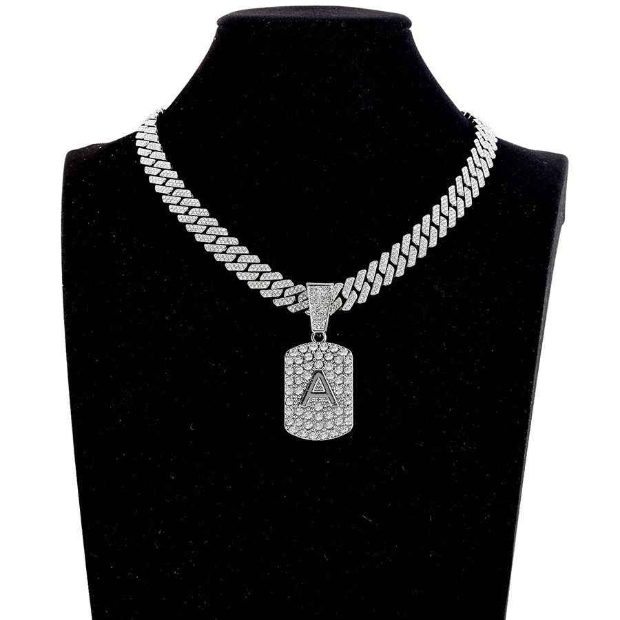 Trendy Cool Letter Pendant Cuban Chain Zinc Alloy Fashion Full Diamond Rap Hip Hop Necklace_ipsvogv.com