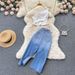 Women's Smocked Strappy Shoulder Vest Irregular Raw Edge Slit Denim Skirt Two-piece Set_ipsvogv.com