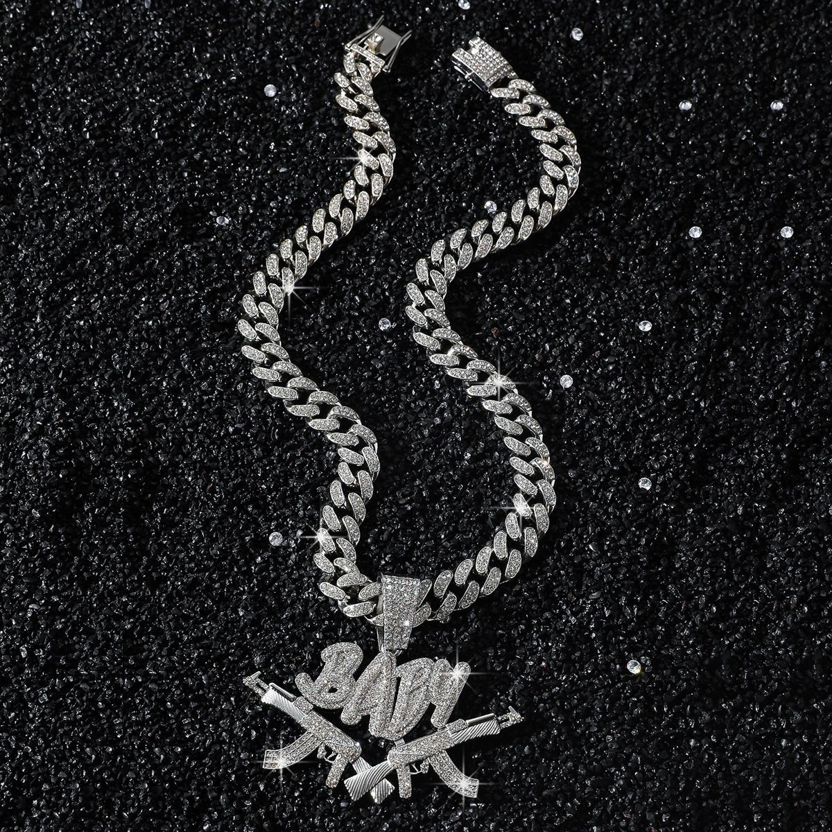 New Personality Hip-Hop Style Double Gun BABY Alloy Full Diamond Pendant Necklace_ipsvogv.com