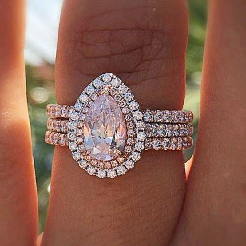 New Pink Crystal Waterdrop Pear Shaped With Creative Three Layer Women's Engagement Ring_ipsvogv.com