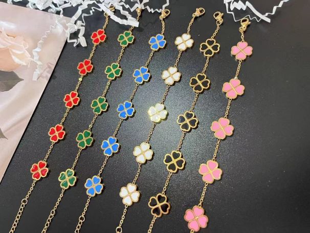 Women's Jewelry Titanium Steel Oil Drop Lucky Four Leaf Clover Bracelet K Gold Double Sided Bracelet_ipsvogv.com