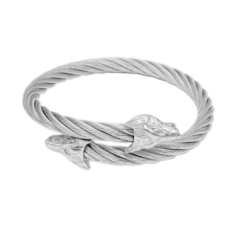Hip Hop Stainless Wolf Head Open Personality Titanium Steel Wire Twist Animal Bracelet Punk Jewelry For Men_ipsvogv.com