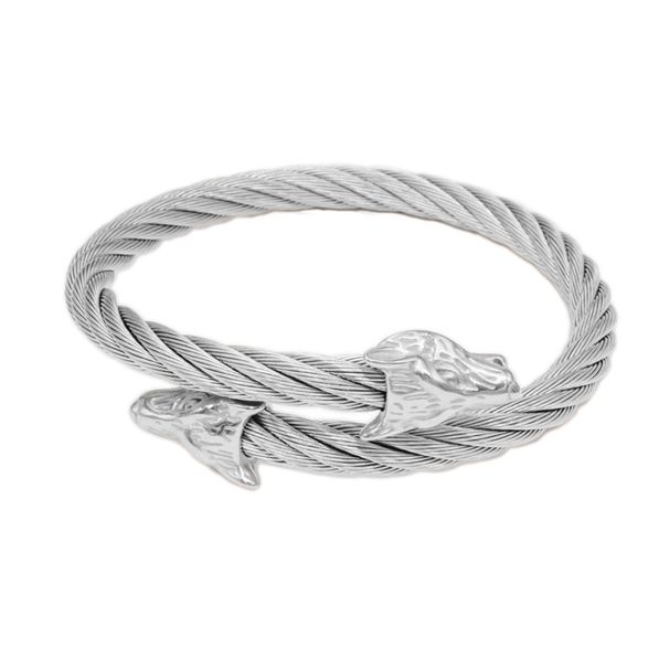 Hip Hop Stainless Wolf Head Open Personality Titanium Steel Wire Twist Animal Bracelet Punk Jewelry For Men_ipsvogv.com