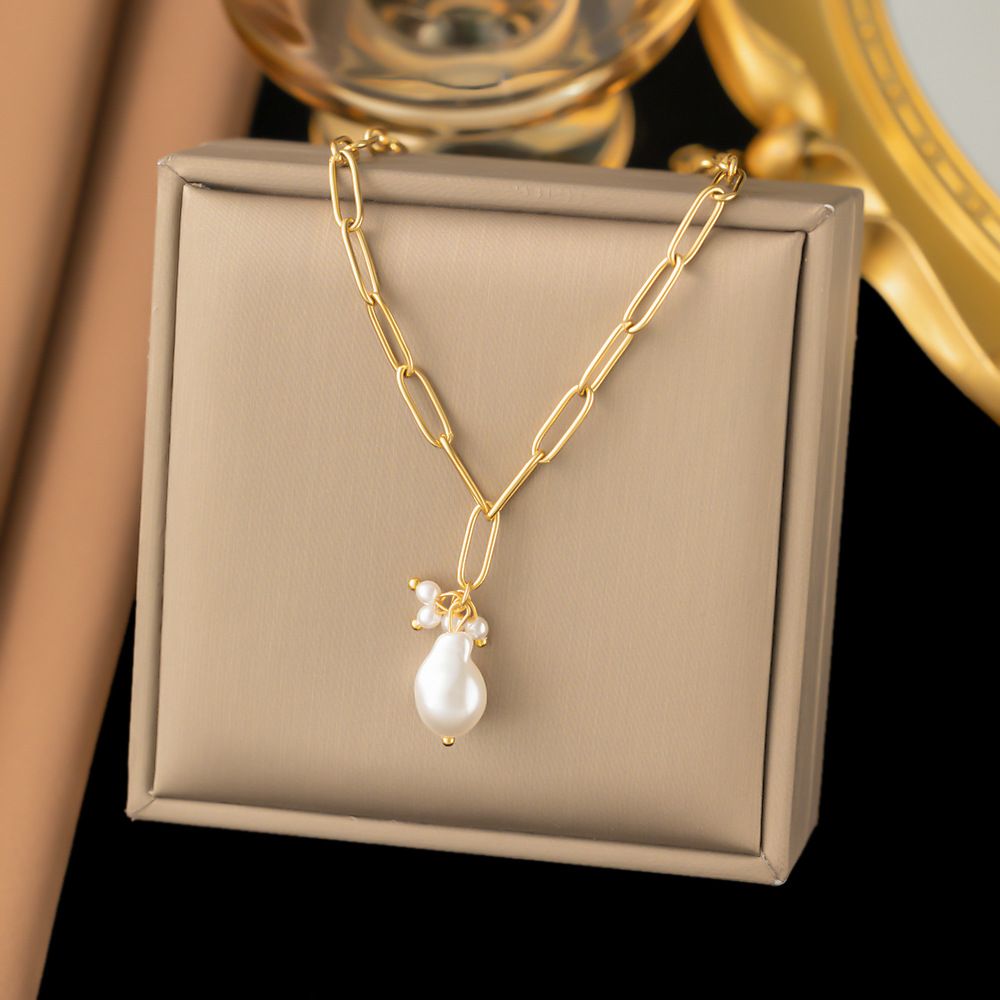 Wind Gold Plated Star Pearl Tassel Pendant Cross Chain Stainless Steel Necklace Women's Fashion Accessories_ipsvogv.com