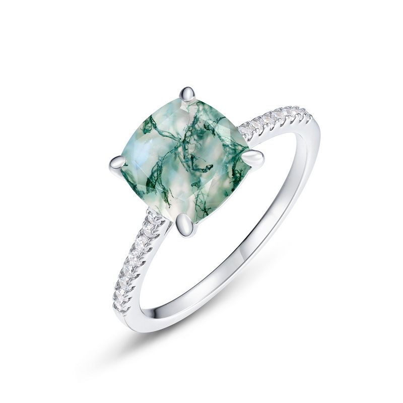 Unique Natural Water Grass Agate Ring S925 Silver Green Moss Personality Finger Ring Light Luxury Atmosphere_ipsvogv.com