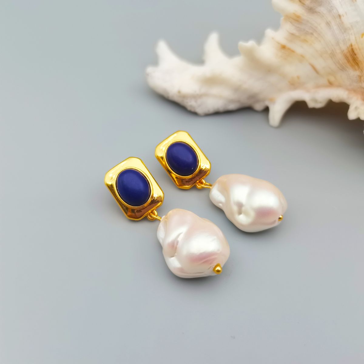 French Klein Blue Stone Marbelle Baroque Pearl Silver Needle Earrings High Grade Female_ipsvogv.com