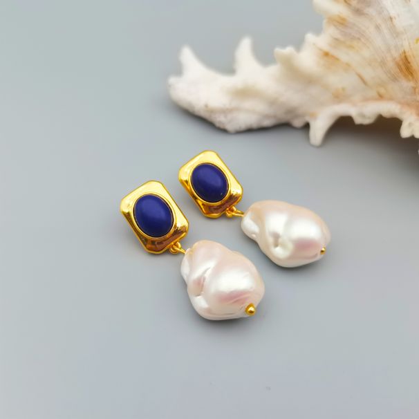 French Klein Blue Stone Marbelle Baroque Pearl Silver Needle Earrings High Grade Female_ipsvogv.com