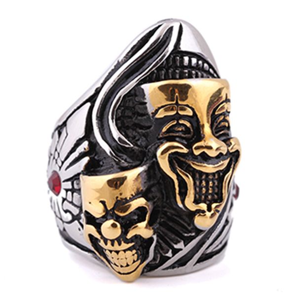 European and American retro punk titanium steel ghost face clown smile skull ring Double Ghost domineering ring men's jewelry_ipsvogv.com