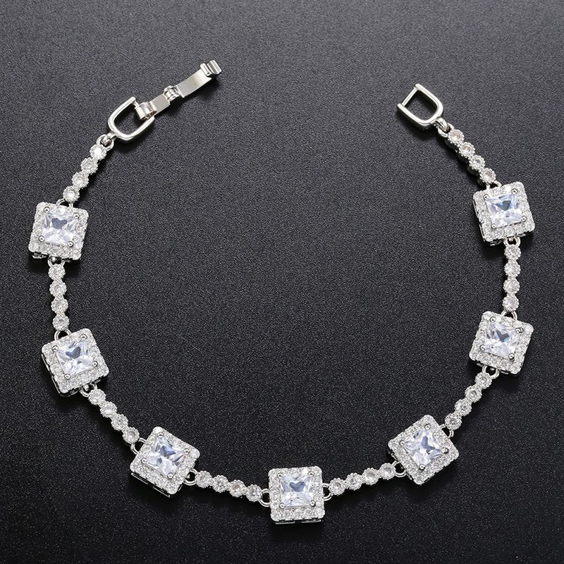 Copper Zircon Heart-shaped Set Peach Heart Square Diamond Women's Bracelet Necklace VL222_ipsvogv.com