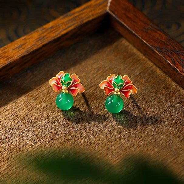 Ai'erjuan Chinese style inlaid with natural chalcedony, high-end feeling, good luck, lotus flower earrings, elegant,_ipsvogv.com