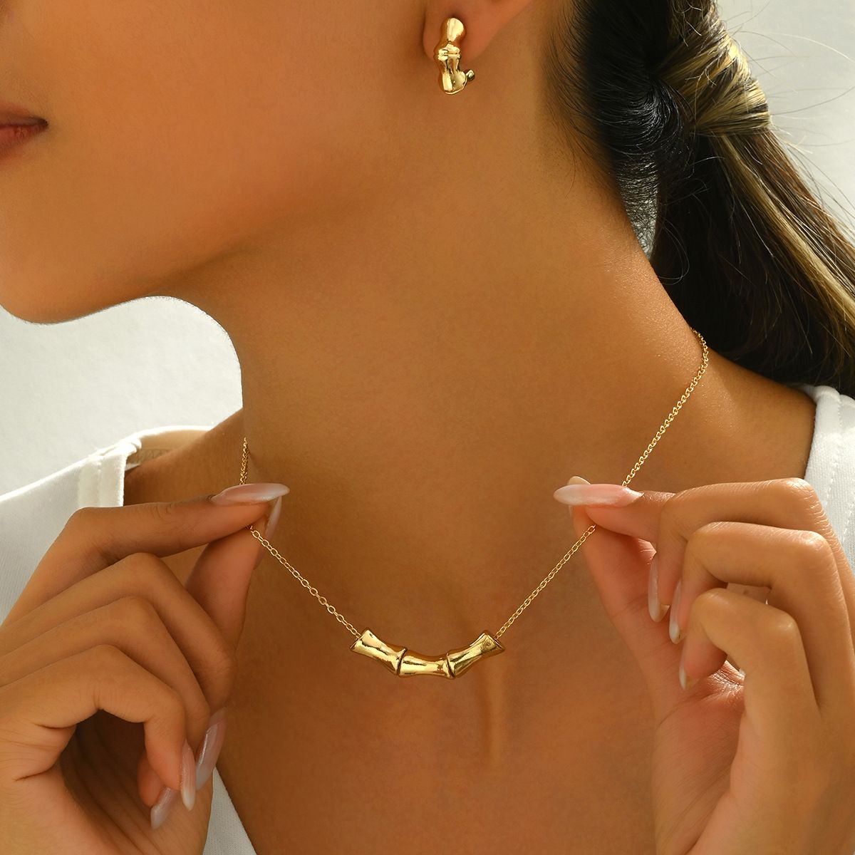 Minimalist Japanese and Korean style earring set, niche bamboo knot personalized design earrings necklace women's_ipsvogv.com
