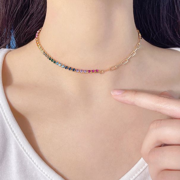 Colorful Necklace, Personalized Rhinestone Chain, Short Splicing Pendant, Metal Versatile Accessory For Women_ipsvogv.com