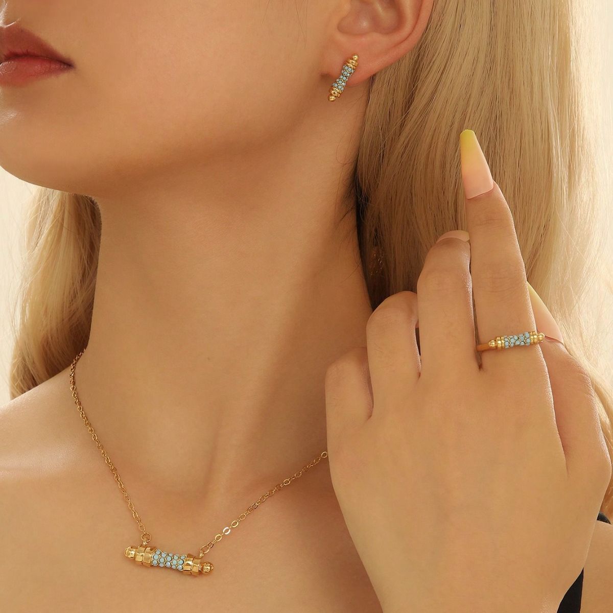 New American light luxury style index finger ring necklace earring set with personalized acrylic inlaid waist design_ipsvogv.com