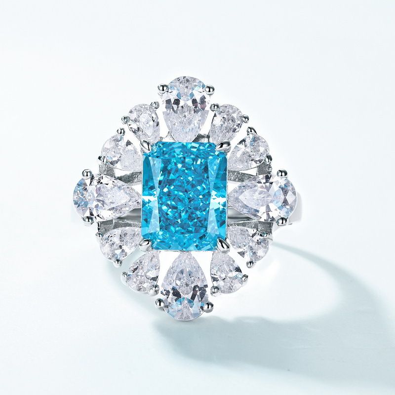 Sea Blue Small Octagonal High Carbon Diamond Ring S925 Silver Full Inlaid With Bright Colored Gems Open Hand Ring_ipsvogv.com