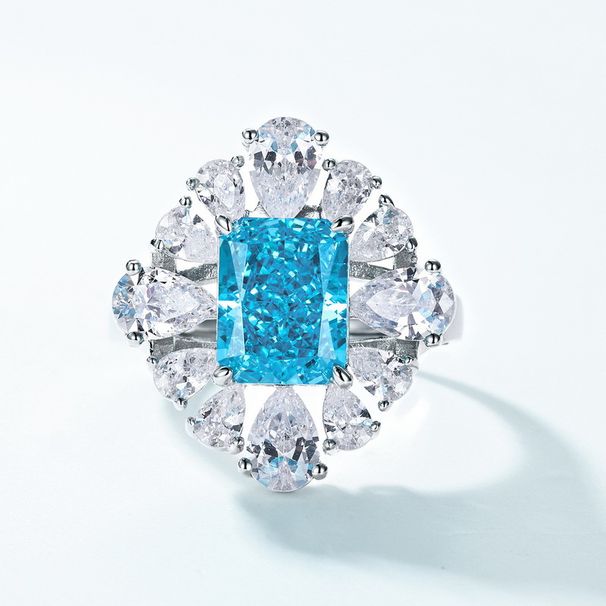 Sea Blue Small Octagonal High Carbon Diamond Ring S925 Silver Full Inlaid With Bright Colored Gems Open Hand Ring_ipsvogv.com