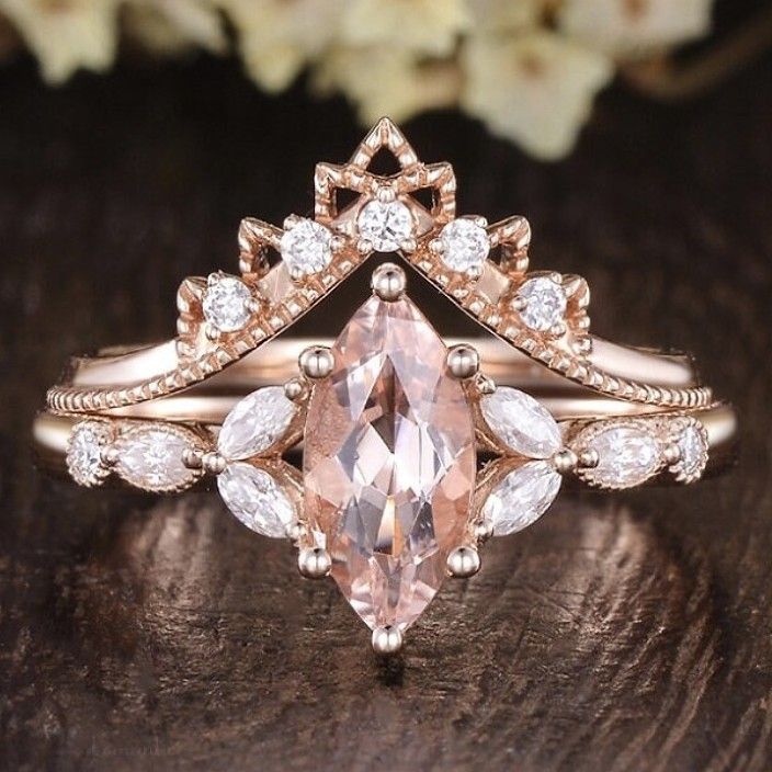 Flower Shaped Princess Pear Shaped Rose Gold Pair Ring_ipsvogv.com