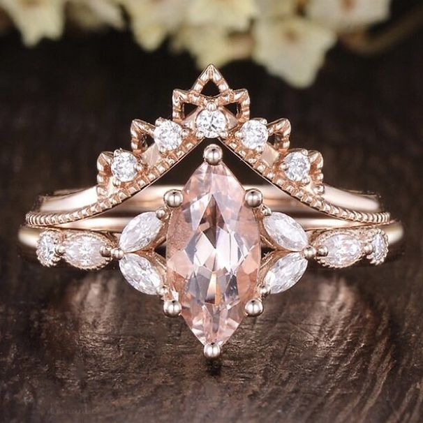 Flower Shaped Princess Pear Shaped Rose Gold Pair Ring_ipsvogv.com