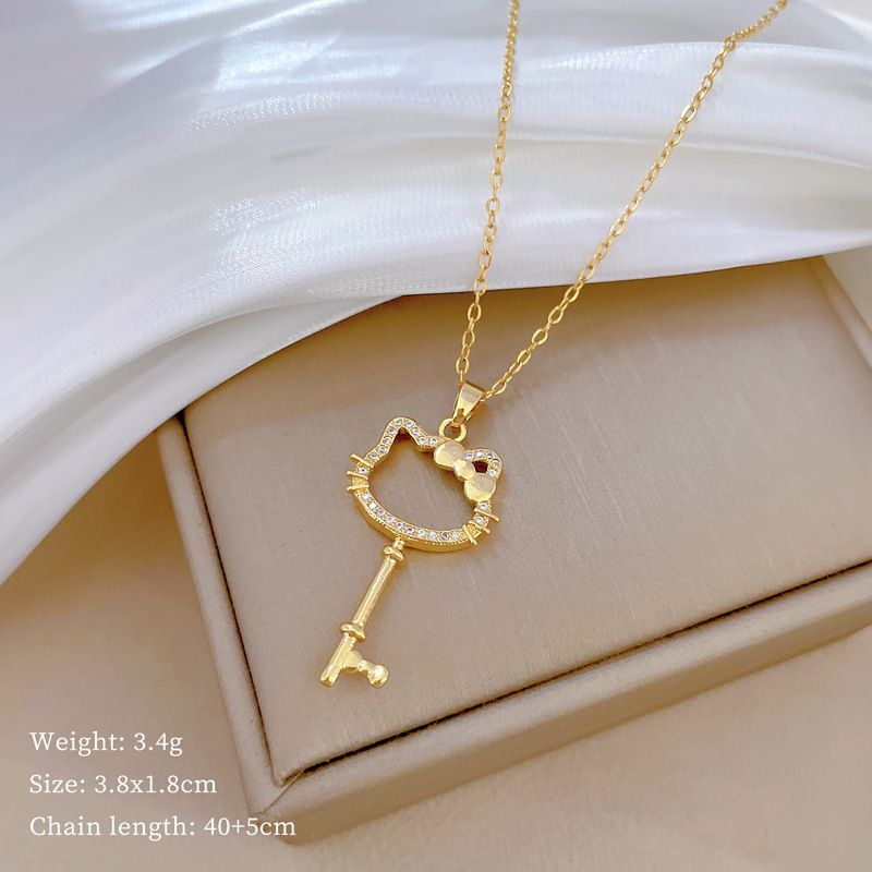 【 】 Cat Bow Key Charm Gorgeous Full Diamond Necklace Women's Versatile Clavicle Titanium Steel Chain_ipsvogv.com