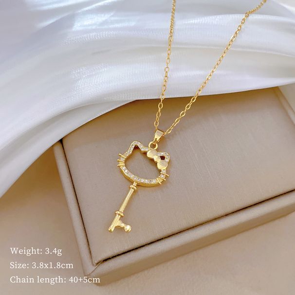 【 】 Cat Bow Key Charm Gorgeous Full Diamond Necklace Women's Versatile Clavicle Titanium Steel Chain_ipsvogv.com