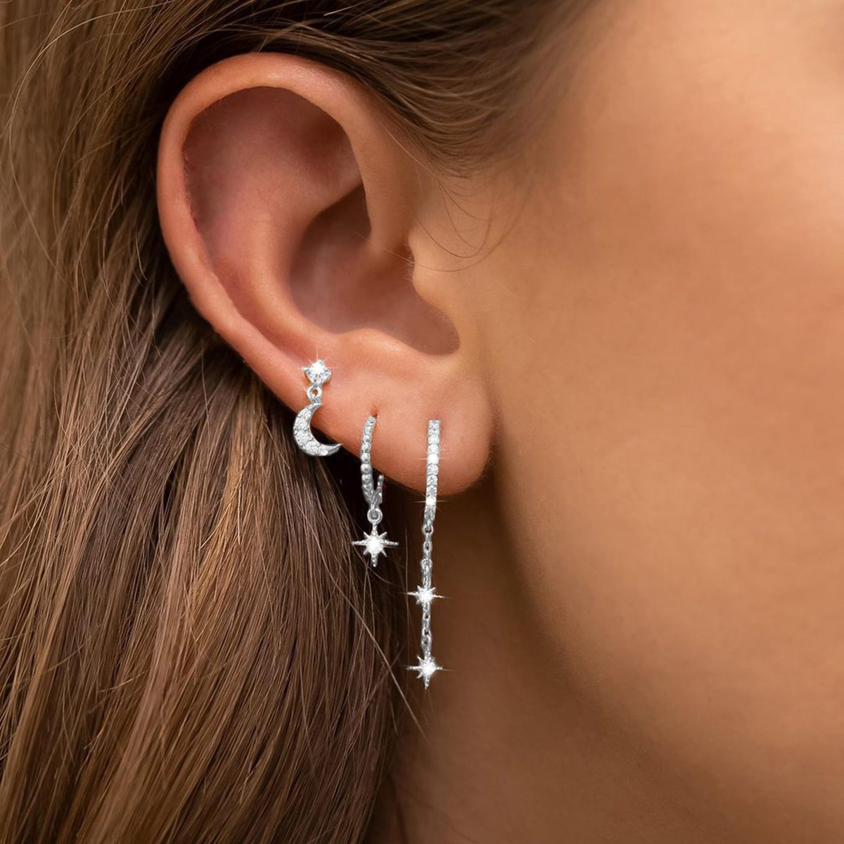 Brass Real Gold Electroplating Hot Selling Zircon Sun Moon Zircon Cartilage Earrings Three Pieces_ipsvogv.com