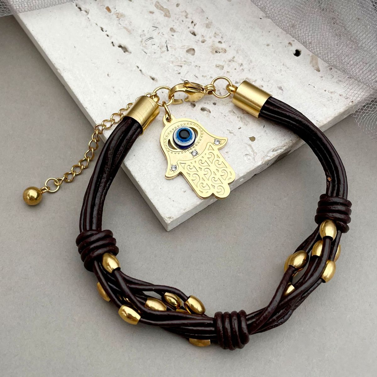 creative leather rope gold bead metal buckle bracelet hamsa Fatima palm evil eye jewelry_ipsvogv.com
