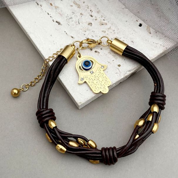 creative leather rope gold bead metal buckle bracelet hamsa Fatima palm evil eye jewelry_ipsvogv.com