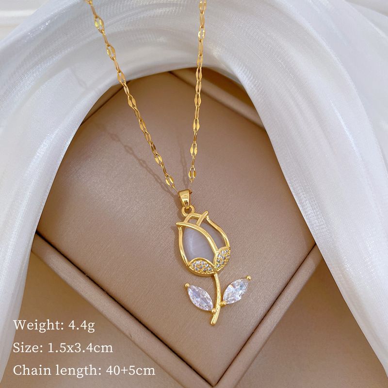 】 Leaf 【 Tulip Light Luxury Charm Gorgeous Full Diamond Necklace Women's Versatile Clavicle Titanium Steel Chain 【 】_ipsvogv.com