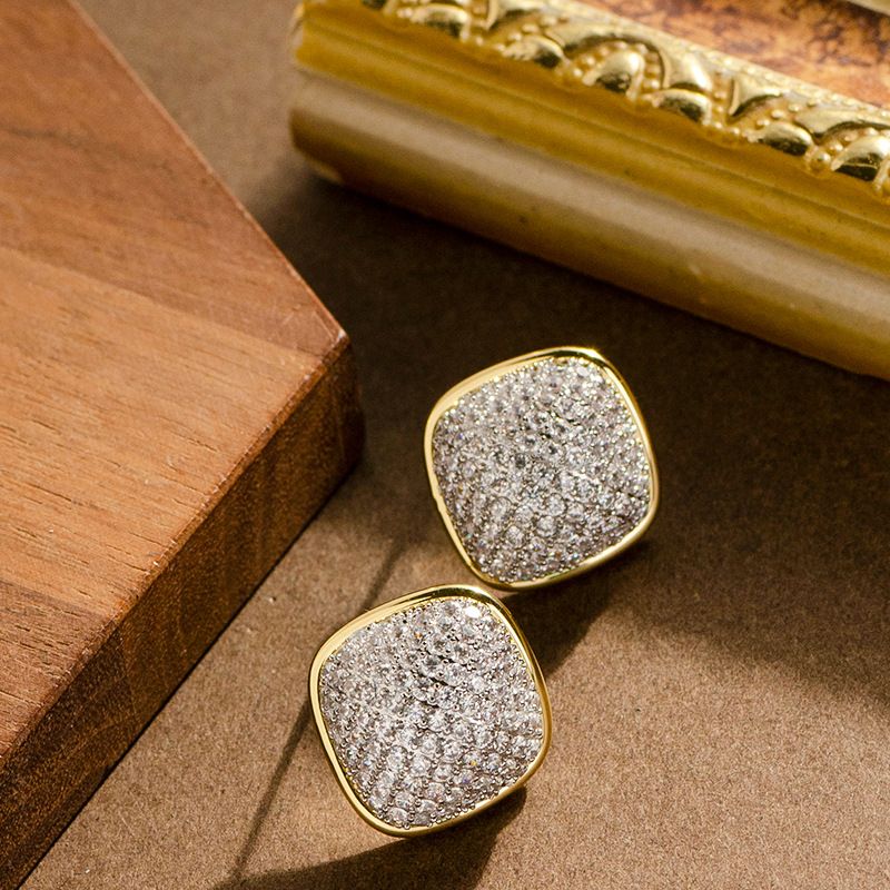 Fashionable Personality Full Diamond Geometric Square For Women, Niche Design, Versatile Silver Needle Earrings_ipsvogv.com