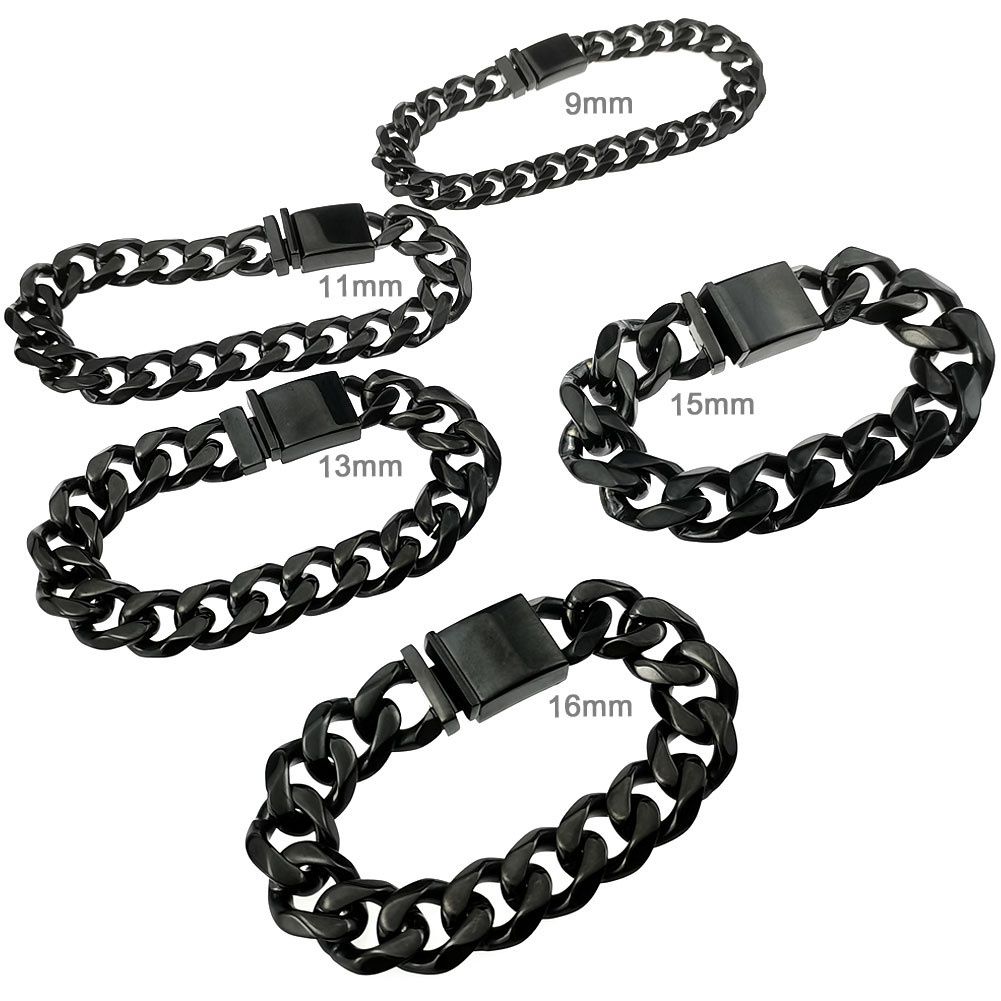 Men Bracelet Bling 316L Stainless Steel Black Tone Polished Chain Width: 9~16mm_ipsvogv.com