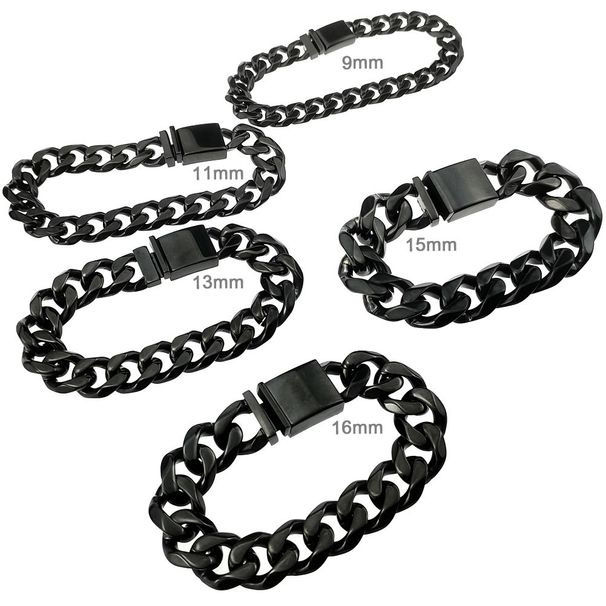Men Bracelet Bling 316L Stainless Steel Black Tone Polished Chain Width: 9~16mm_ipsvogv.com