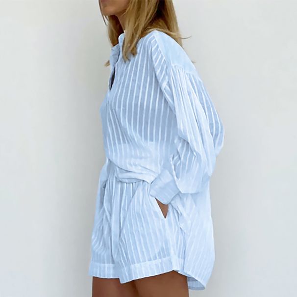 Women's Clothing temperament shirt jacquard striped puff sleeve shorts commuting design casual suit_ipsvogv.com