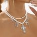 N12274 temperament niche design double-layer pearl personalized three leaf cross multi-layer necklace_ipsvogv.com
