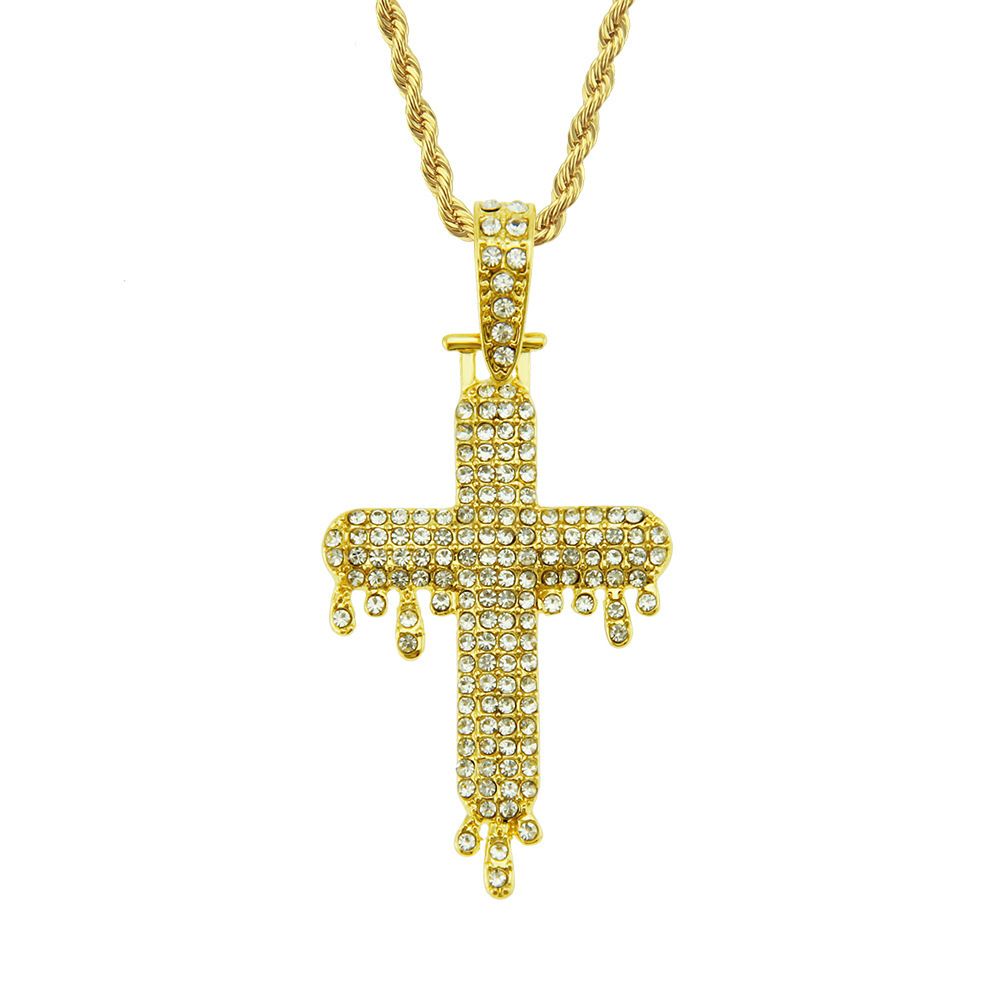 Hot selling new men's necklace with diamond inlaid three-dimensional water droplet shaped cross accessory pendant_ipsvogv.com