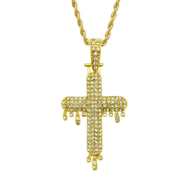 Hot selling new men's necklace with diamond inlaid three-dimensional water droplet shaped cross accessory pendant_ipsvogv.com