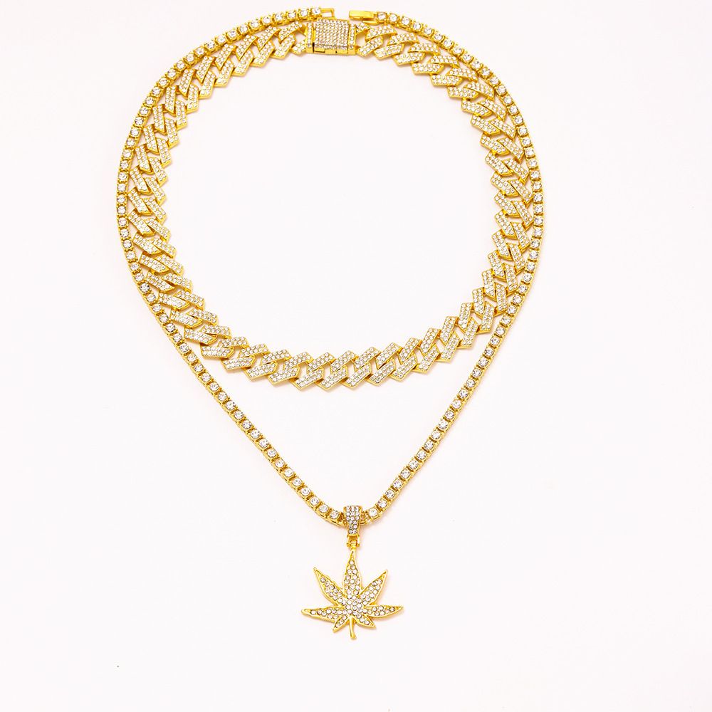 Ins hip hop maple leaf pendant all match personality diamond necklace set trendy cool niche hip hop style_ipsvogv.com