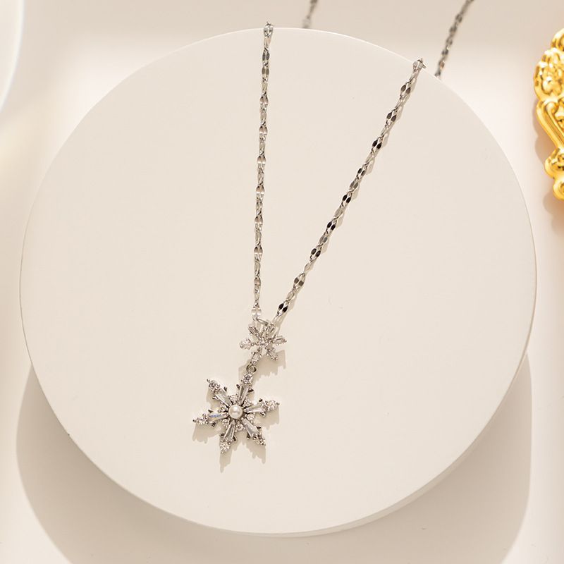 Unique Design Full Diamond Six Pointed Star Pearl Snowflake Necklace, Light Luxury And Niche, High-end Feeling, Titanium_ipsvogv.com