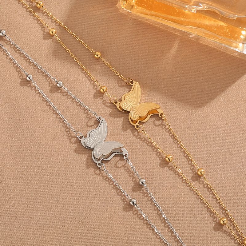 Double Layer Stainless Bracelet, Simple Girls' Frosted Butterfly Necklace, Spherical Titanium Steel Versatile_ipsvogv.com