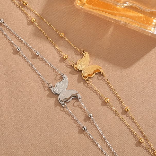 Double Layer Stainless Bracelet, Simple Girls' Frosted Butterfly Necklace, Spherical Titanium Steel Versatile_ipsvogv.com