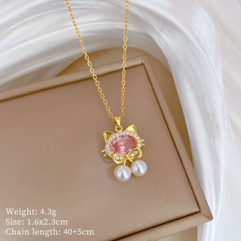 Cat 【 】 Pearl Light Luxury Charm Gorgeous Full Diamond Necklace Women's Versatile Clavicle Titanium Steel Chain 【 】_ipsvogv.com