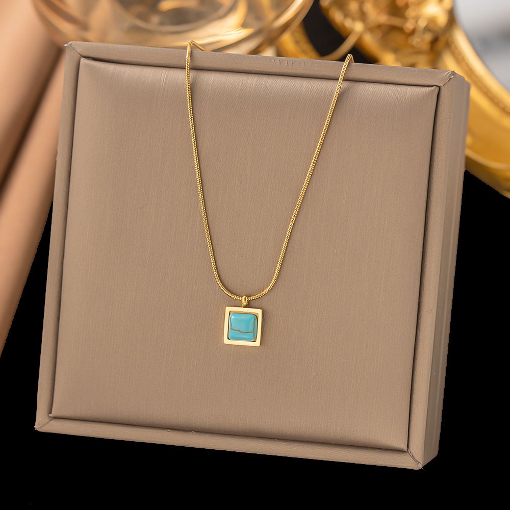 Stainless Steel Necklace, Women's Turquoise Square Blade Chain Desin, Simple And Fashionable Collarbone Chain, No_ipsvogv.com