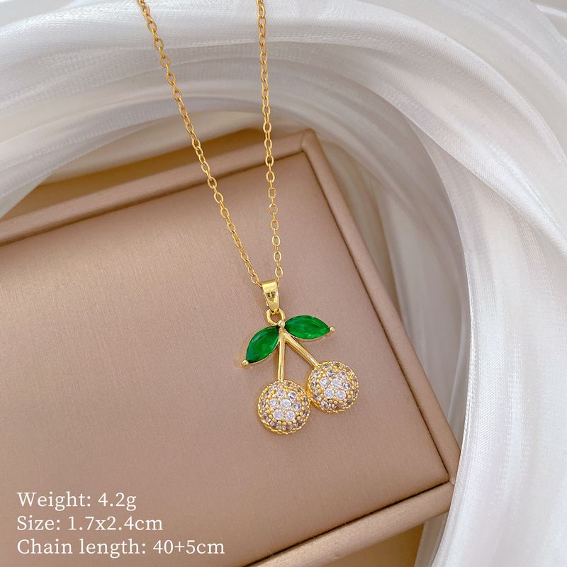 【 Titanium Steel 】 Green Leaf Cherry Necklace Earring Light Luxury Micro Inlay Personalized Temperament Banquet_ipsvogv.com