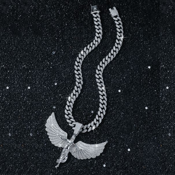New Personalized Men's Full Diamond Chain Hip Hop Style Exaggerated Angel Wings Pendant Necklace_ipsvogv.com
