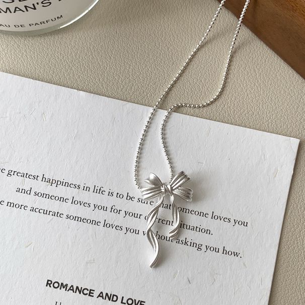 S Pure Silver Bowknot Tassel Ribbon Necklace For Women, Light Luxury Niche Design, High-end Pendant, Simple Clavicle_ipsvogv.com