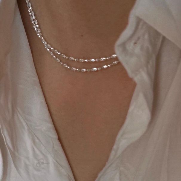 Sparkling Collarbone Chain, Feminine Temperament, Italian Diamond Light Carved Bead Pure Silver Necklace, Bare Chain_ipsvogv.com