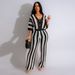 Women's Clothing sexy ladies V-neck hollow striped lapel knitted wide pants suit_ipsvogv.com