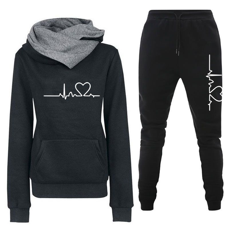 Women's Clothing Women's sweater suit, hoodie, two piece set, electrocardiogram, love map, trendy new style, women's trousers, long sleeves_ipsvogv.com