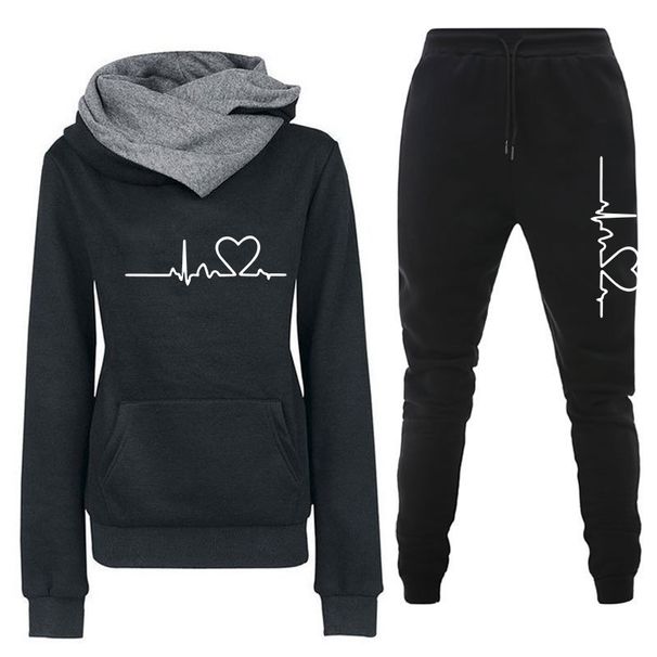 Women's Clothing Women's sweater suit, hoodie, two piece set, electrocardiogram, love map, trendy new style, women's trousers, long sleeves_ipsvogv.com