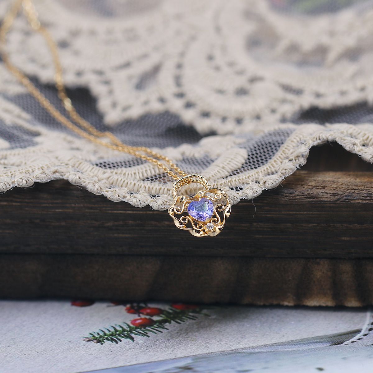 Phoenix Jewelry Luxury Heart Ribbon Necklace New Silver Gold-Plated Natural Tanzanite_ipsvogv.com