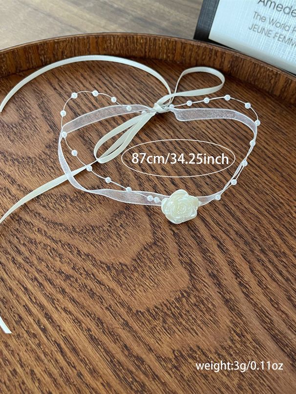 French Style White Rose Pearl Choker Necklace With Mesh Lace Double Layer Ribbon Collar_ipsvogv.com